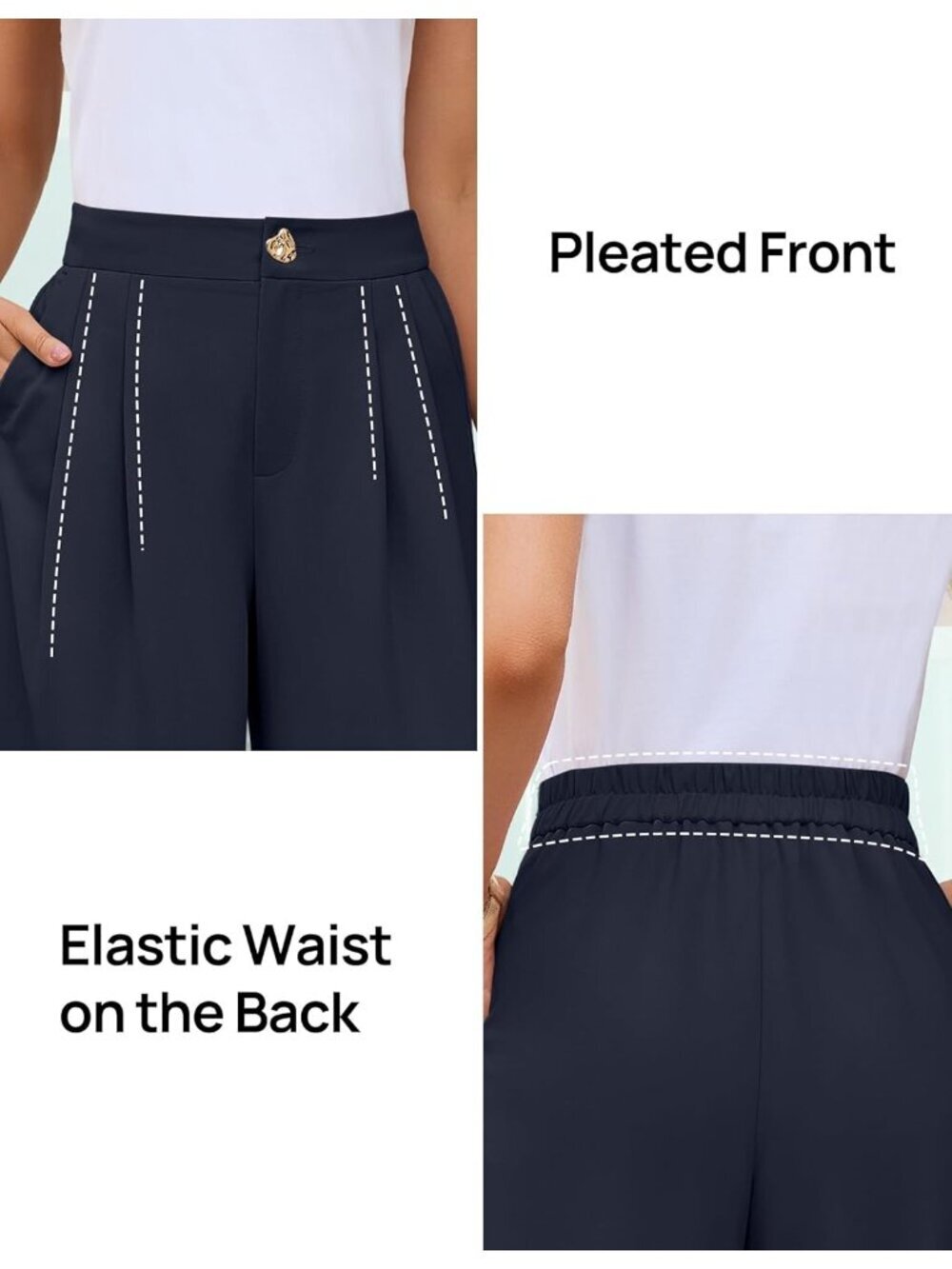 Women's Navy Wide Leg High Waisted Casual Loose Flowy Fashionable Palazzo Pants - Picture 4 of 6